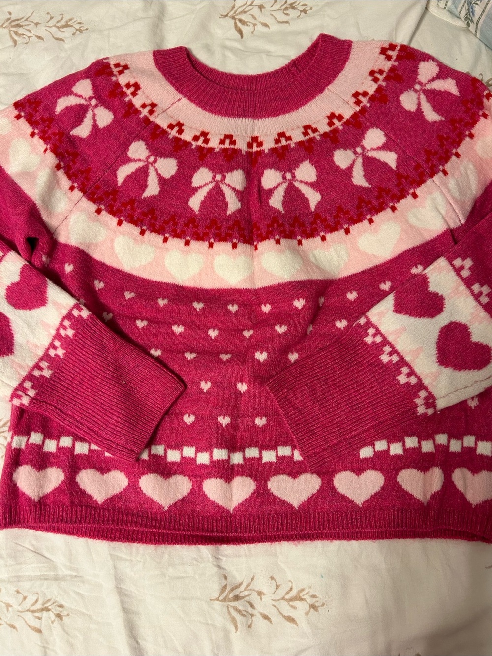 Pink Two-Tone Heart & Bow Crewneck Sweater